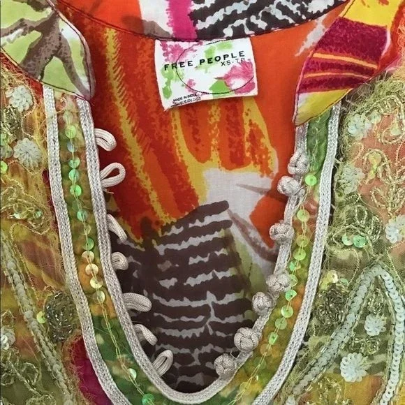 FREE PEOPLE Mini-Dress Multicolored Layered Sequins Neckline Boho Size XS - Picture 3 of 7